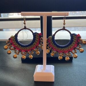 Vintage Boho Earrings Pink, Olive and Blue Crochet with Small Bells.